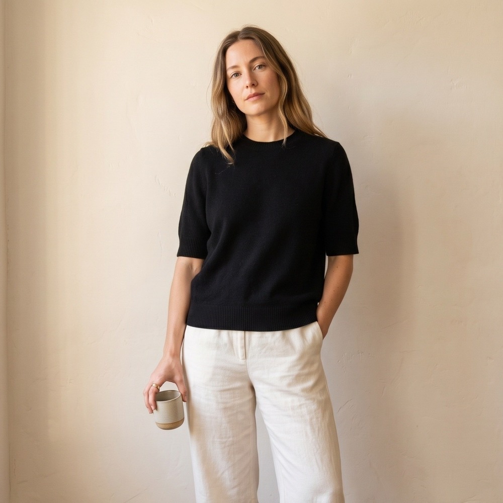 Not Monday Women Sweater Medium Black Cashmere Short Sleeve Crew Neck Minimalist